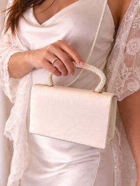 Ivory Satin Pearl Handle Evening Bag Bridal Clutch Purse